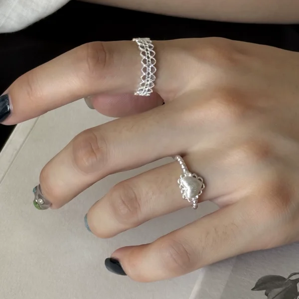 S925 sterling silver ring women's personalized brushed love ring sweet and versatile niche lace open ring