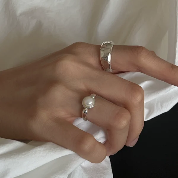 S925 sterling silver niche design texture heavy texture ring simple temperament stacking fashionable pearl personalized ring