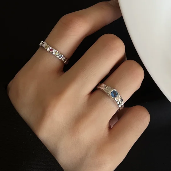 S925 sterling silver light luxury high-end pleated texture colored zircon ring blue zircon personalized index finger ring trend