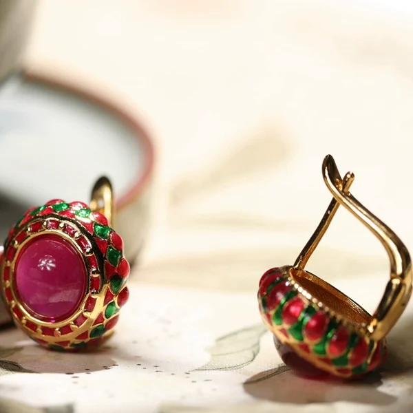 Rushang sterling silver jewelry Thai handmade retro style light luxury women's enamel red niche earrings earrings earrings