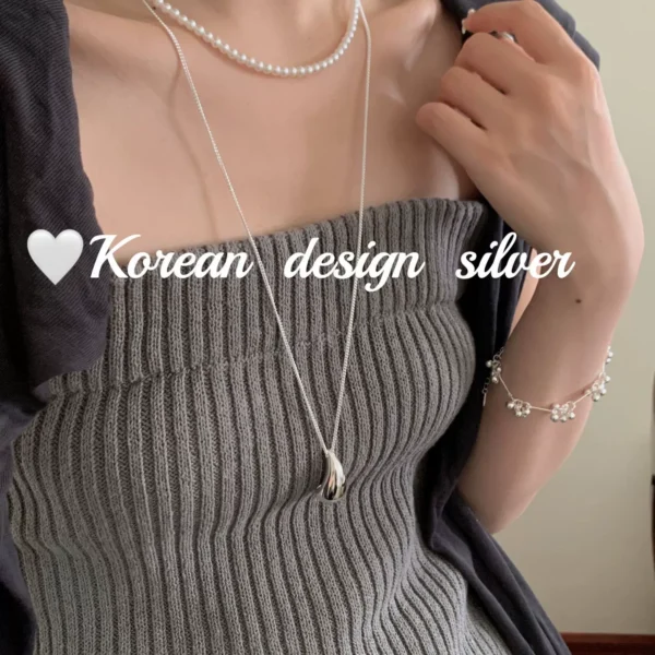Korean ins style personalized heavy silver jewelry S925 sterling silver drop-shaped long 60cm necklace high-end sweater chain