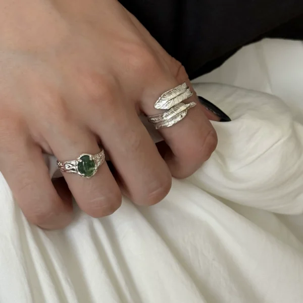 S925 sterling silver heavy industry feather ring new Chinese style retro national trend irregular texture seaweed open ring cold style