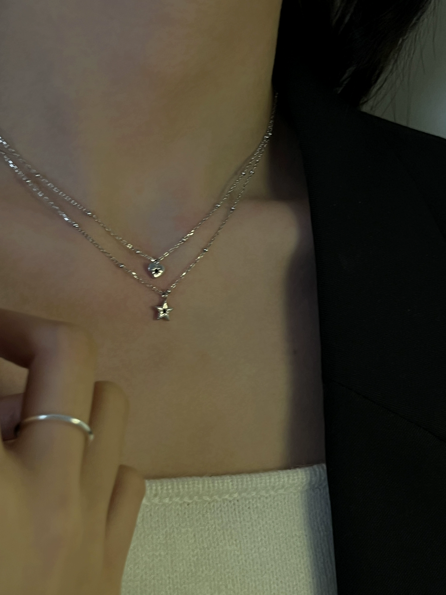 Korean version of S925 sterling silver necklace light luxury niche star love ultra-fine clavicle chain for women stacked black zircon necklace - Image 3