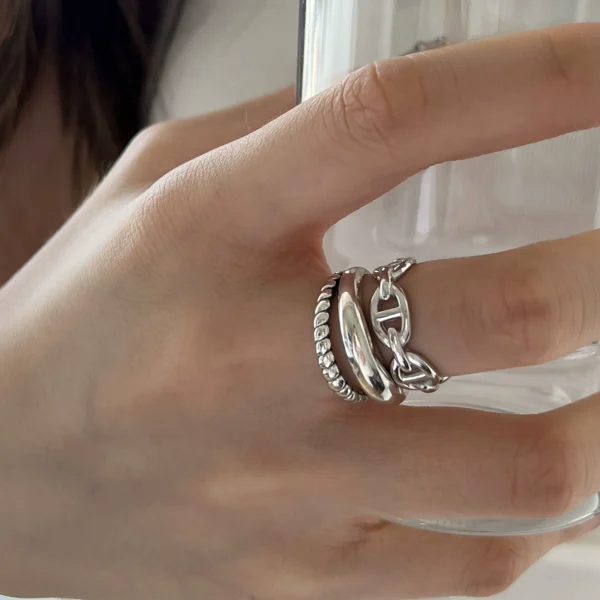 S925 sterling silver women's ring niche design minimalist twisted double-layer ring old texture pig nose index finger ring trend