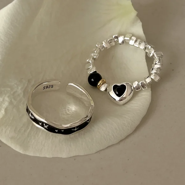 S925 sterling silver fashion ring female personality black agate love heartbreak silver elastic rope ring drip glaze starburst index finger ring