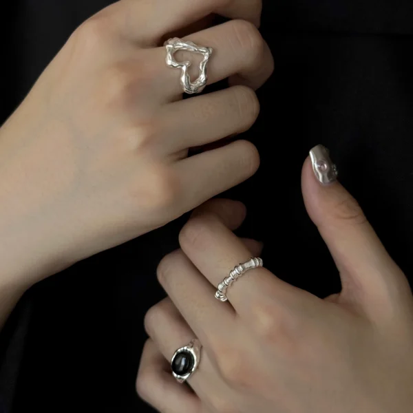 S925 sterling silver design retro black agate texture ring fashionable texture love ring personalized simple single circle