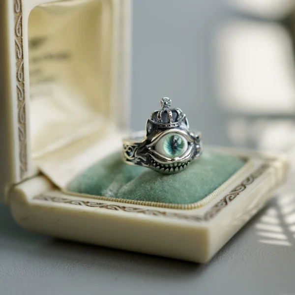 Water Lily Life and Life Original Design 925 Sterling Silver Cat Ring Green Eyes Elements Niche Open Ring