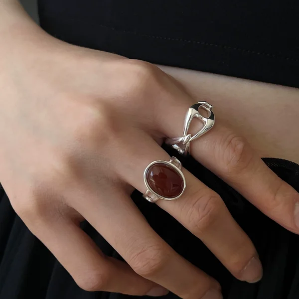 French style red agate ring geometric fashionable pig nose personalized ring S925 sterling silver women's ring niche design