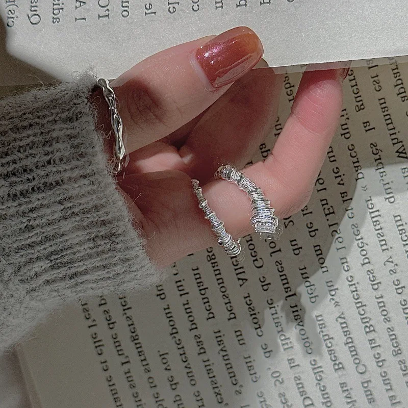 CHOZON S925 Solid Silver Textured Ring Korean Vintage Minimalist Stacking Jewelry Gift for Women - Image 3