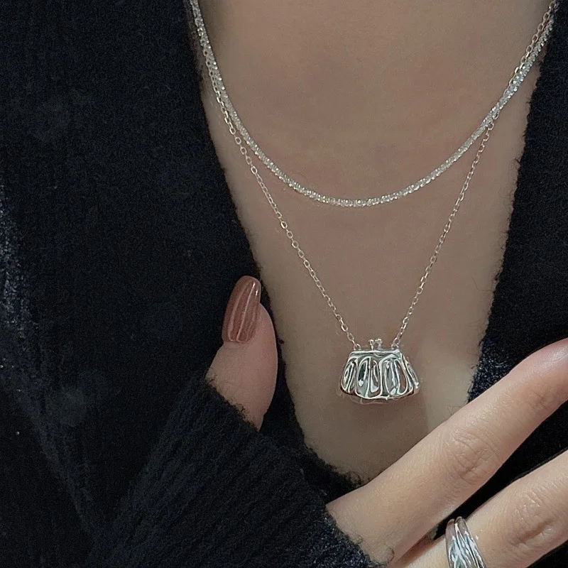 CHOZON S925 Solid Silver Hollow Bag Pendant Necklace Korean Vintage Wholesale Dainty Layering Jewelry for Women - Image 3