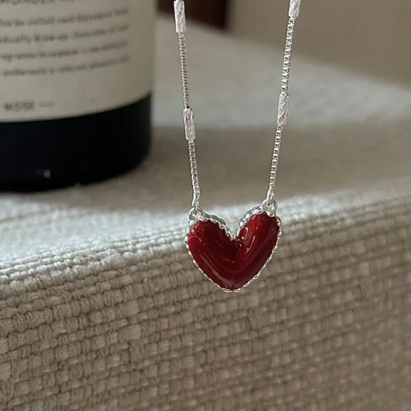 CHOZON S925 Solid Silver Red Heart Necklace Korean Glaze Pendant Layering Jewelry Gift for Women