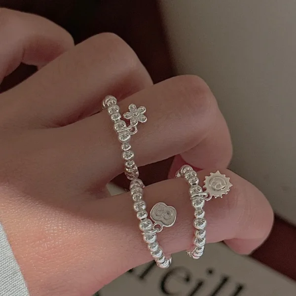 CHOZON S925 Solid Silver Beaded Ring Korean Vintage Stretch Minimalist Jewelry Gift for Women