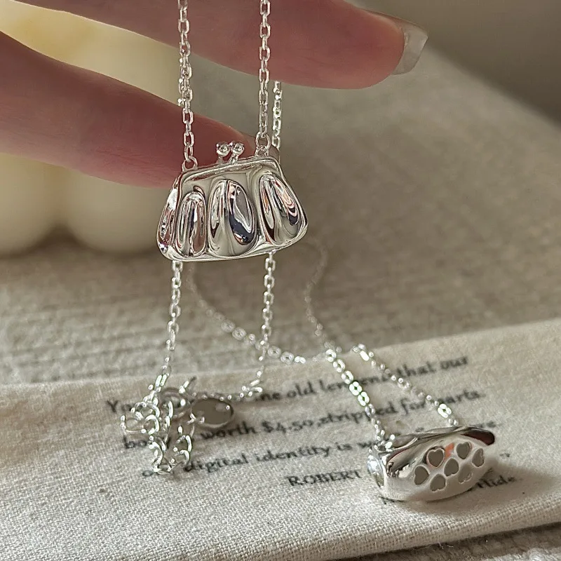 CHOZON S925 Solid Silver Hollow Bag Pendant Necklace Korean Vintage Wholesale Dainty Layering Jewelry for Women - Image 4