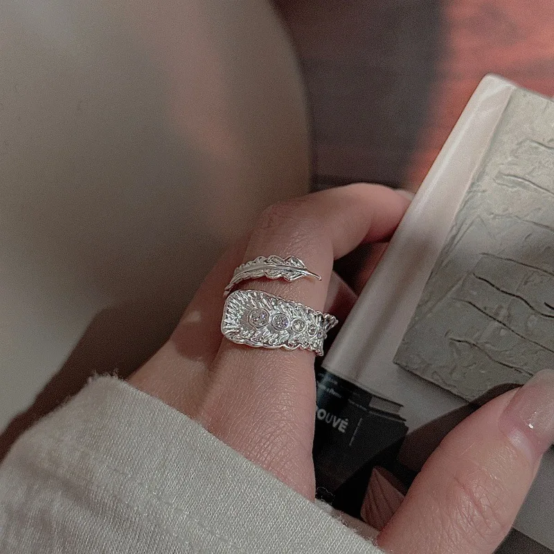 CHOZON S925 Solid Silver Feather Ring Korean Vintage Zircon Stacking Jewelry Gift for Women - Image 3