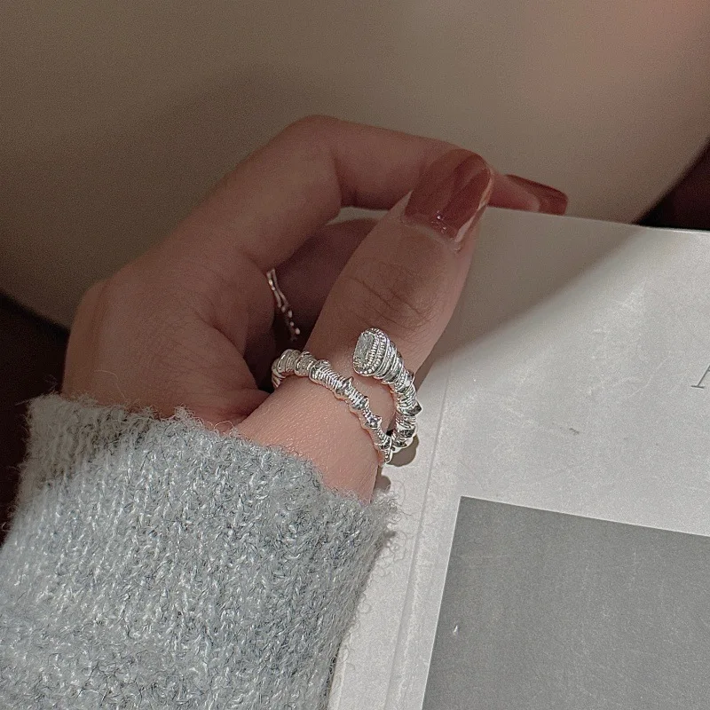 CHOZON S925 Solid Silver Textured Ring Korean Vintage Minimalist Stacking Jewelry Gift for Women - Image 2