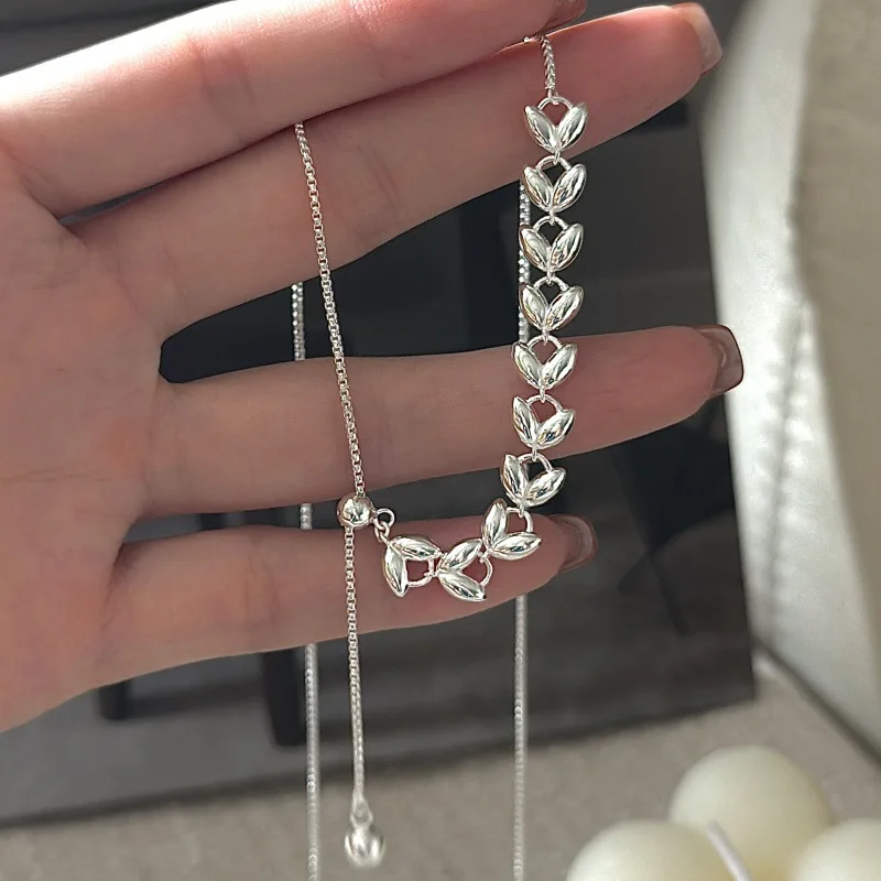 CHOZON S925 Solid Silver Wheat Adjustable Necklace Korean Vintage Minimalist Y-Chain Jewelry Gift for Women