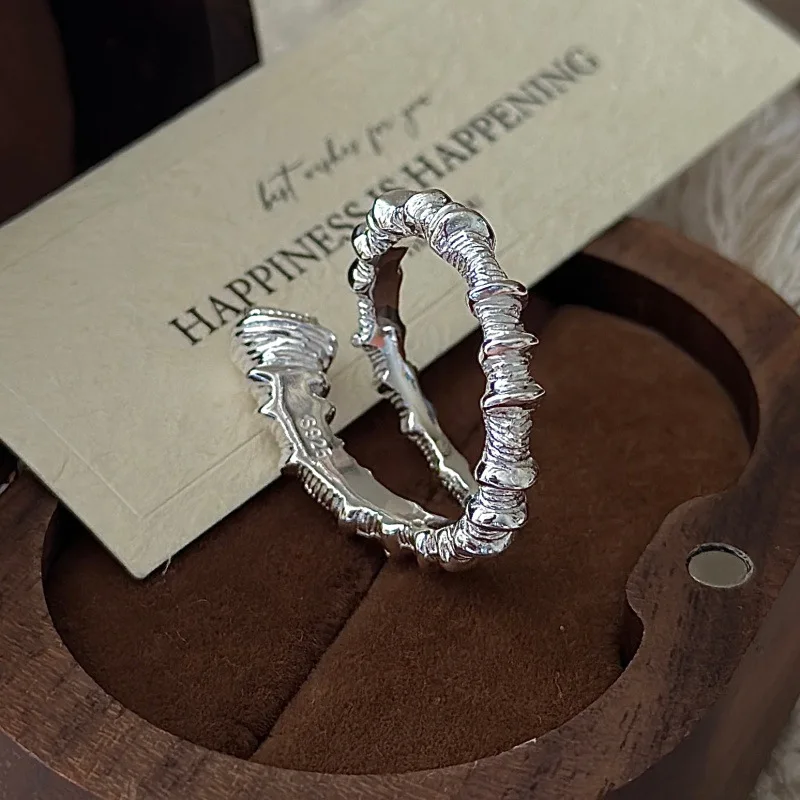CHOZON S925 Solid Silver Textured Ring Korean Vintage Minimalist Stacking Jewelry Gift for Women - Image 4