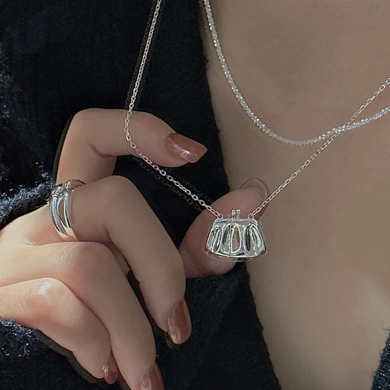 CHOZON S925 Solid Silver Hollow Bag Pendant Necklace Korean Vintage Wholesale Dainty Layering Jewelry for Women - Image 2