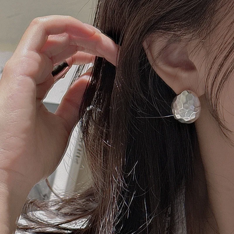 CHOZON S925 Solid Silver Hand Hammered Earrings Korean Vintage Matte Dainty Jewelry Gift for Women - Image 2