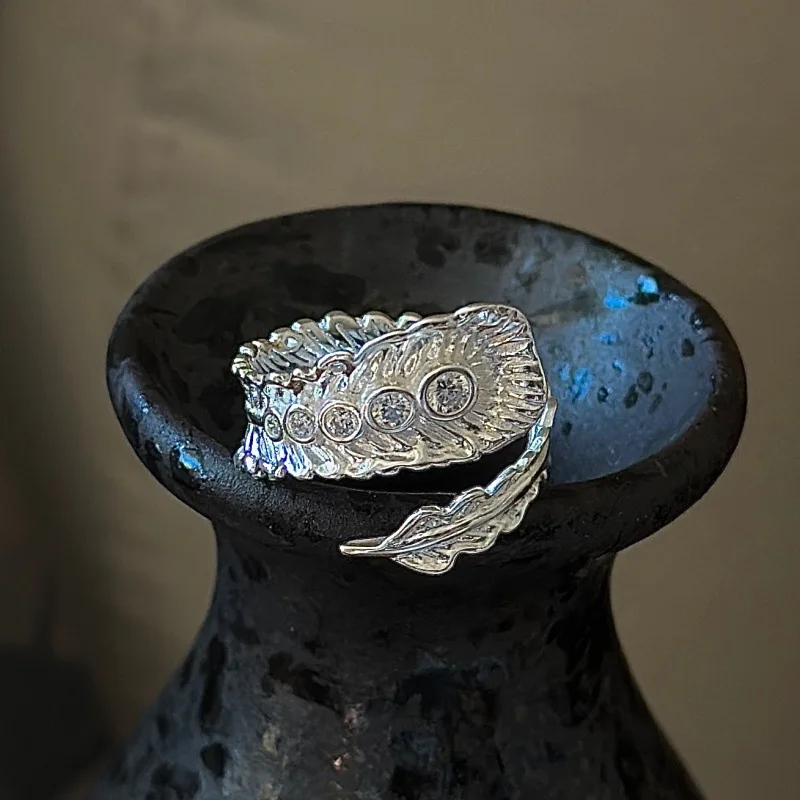 CHOZON S925 Solid Silver Feather Ring Korean Vintage Zircon Stacking Jewelry Gift for Women - Image 5