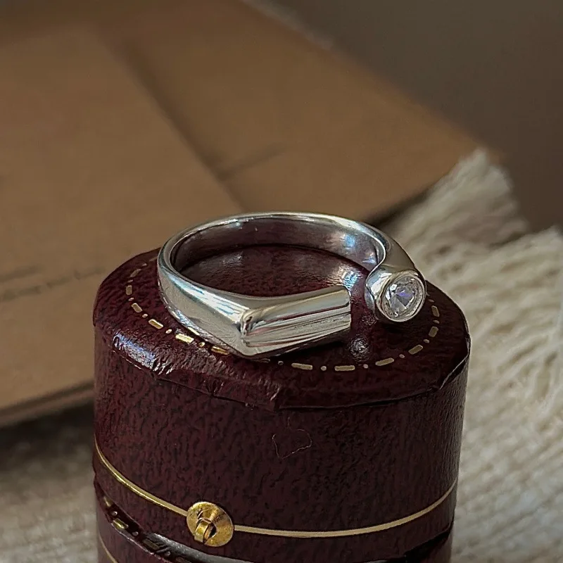 CHOZON S925 Solid Silver Bar Zircon Ring Korean Vintage Minimalist Stacking Jewelry Gift for Women