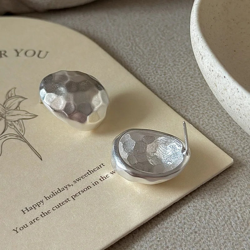 CHOZON S925 Solid Silver Hand Hammered Earrings Korean Vintage Matte Dainty Jewelry Gift for Women - Image 4