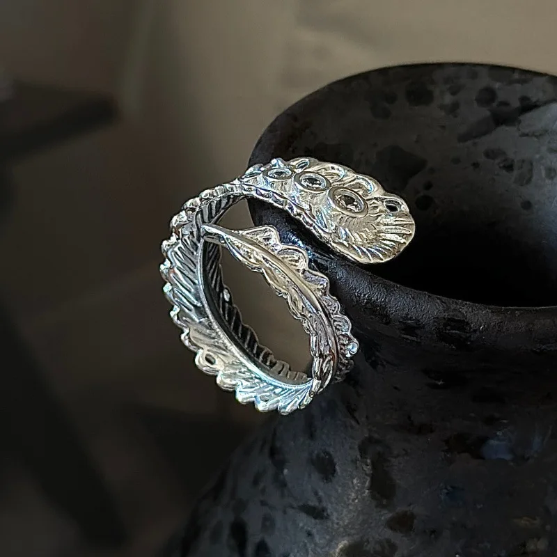 CHOZON S925 Solid Silver Feather Ring Korean Vintage Zircon Stacking Jewelry Gift for Women - Image 4